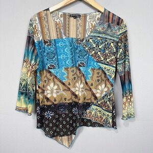 Jessica Max Mesh Top Women Size XL Blue Brown Patchwork Asymmetric Lettuce Trim